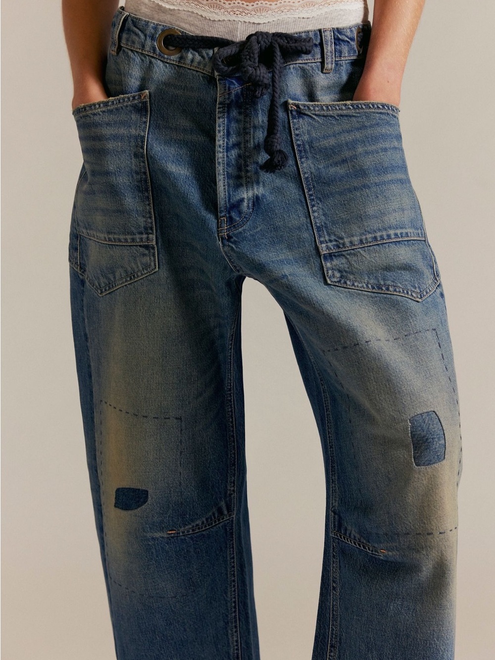 We The Free Moxie Barrel Jeans Blue Relaxed Patchwork Drawstring Jeans - Picture 2 of 8